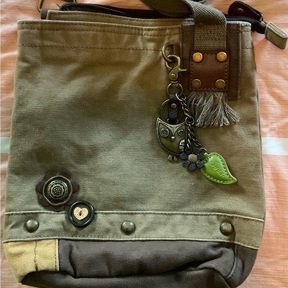 Chala Brown Canvas Tote with Owl and Leaf Charm - Picture 1 of 2